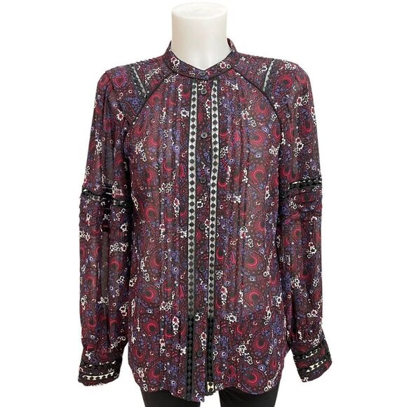 MICHAEL KORS BURGUNDY‎ CHIFFON PAISLEY PRINT, BUTTON DOWN LONGSLEEVE TOP SZ M - Picture 1 of 10